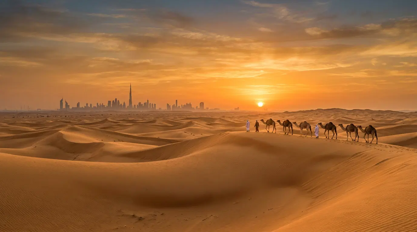 Camels crossing the desert dunes at sunset with the Dubai skyline on the horizon